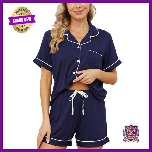 Soft Viscose Pajama Set Short Sleeve Button Down Sleepwear XS-XXL